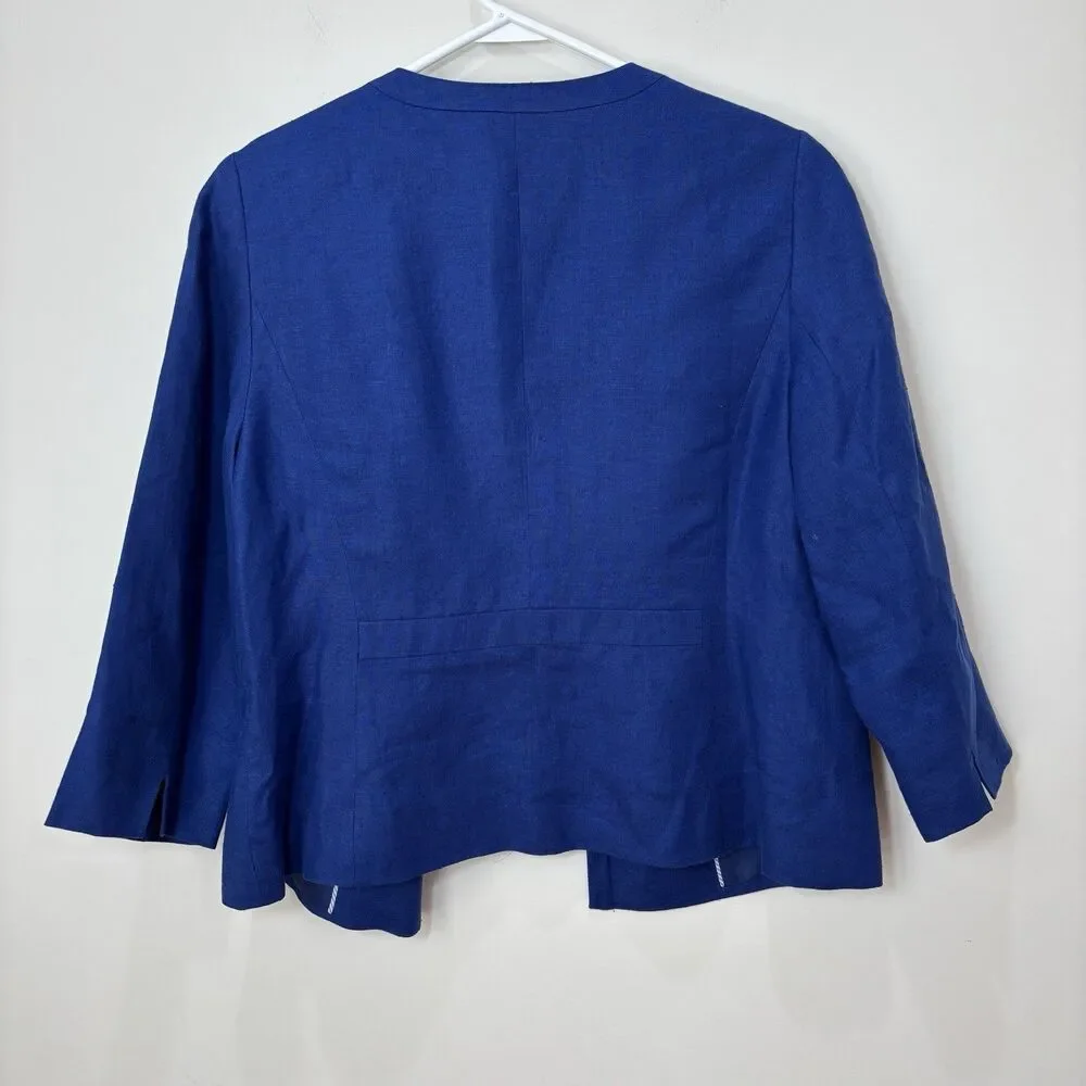 Talbots 100% Linen Blazer Jacket 12p Cobalt Blue Open Front Career Lightweight